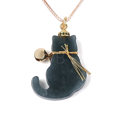 Natural Myanmar Jade Cat Pendant Adjustable Cord Necklaces NJEW-N064-01-1