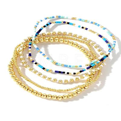 5Pcs 5 Styles Round Brass & Column Glass Seed Beads Stretch Bracelets YH8018-2-1