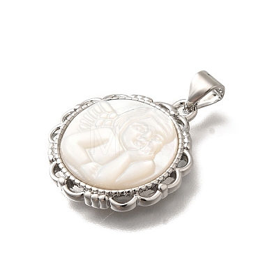 Brass Pave Natural White Shell Carved Angel Pendants KK-Z091-03P-1