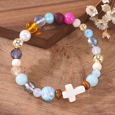 Synthetic Howlite & Glass & Plastic & Zinc Alloy & Brass & Wood Beads Stretch Bracelets for Women JJ5284-1