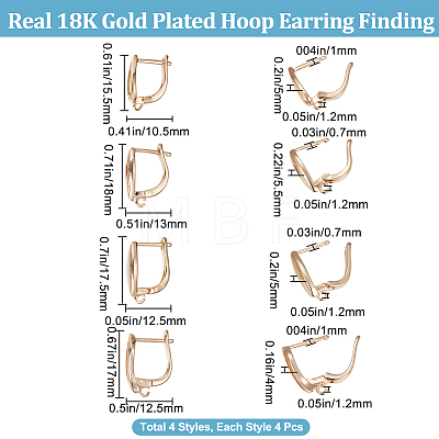 16Pcs 4 Styles Brass Hoop Earring Findings with Latch Back Closure KK-BBC0008-19-1