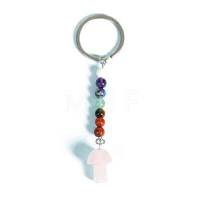 Natural Rose Quartz Mushroom with Round Beaded Keychain MUSH-PW0001-046C-1