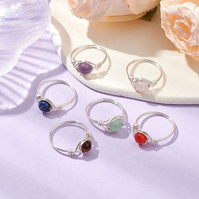 Round Natural Amethyst/Green Aventurine/Carnelian/Rose Quartz/Tiger Eye/Lapis Lazuli Braided Finger Ring RJEW-JR00743-01-1