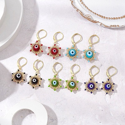 Star of David Evil Eye Handmade Glass Seed Beads with Lampwork Hoop Earrings EJEW-MZ00389-1