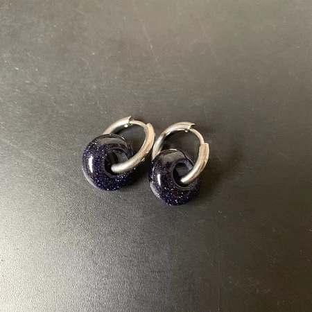 304 Stainless Steel & Synthetic Blue Goldstone Rondelle Bead Hoop Earrings FS-WGF6A0C-07-1