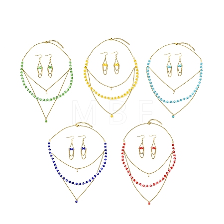 Rondelle 304 Stainless Steel & Glass Beaded Layered Necklace and Earring Set Set for Women SJEW-JS01384-1