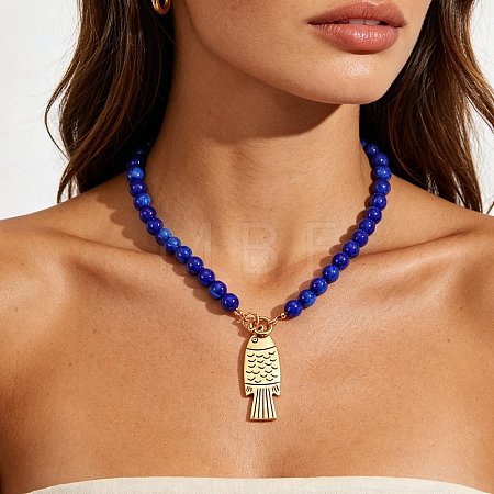 Summer Beach Bohemian Alloy Fish Pendant Resin Round Beaded Necklaces for Women WG6850D-02-1