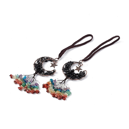 Natural Dyed & Heated Black Agate Moon with Mixed Gemstone Chips Tassel Pendant Decorations G-L524-07R-A01-1