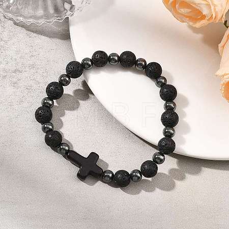Natural Lava Rock & Synthetic Turquoise & Non-magnetic Hematite Cross & Round Beaded Stretch Bracelets for Women Men BJEW-JB13930-1