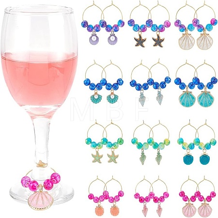 Ocean Theme Alloy Enamel with Plastic Imitation Pearl Wine Glass Charms AJEW-AB00095-1