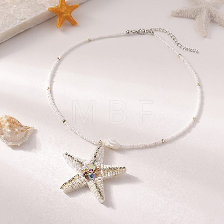 Ocean Starfish Cloth Shell with Rhinestone Pendant White Glass Beaded Necklaces for Women FS-WGEED08-02-1