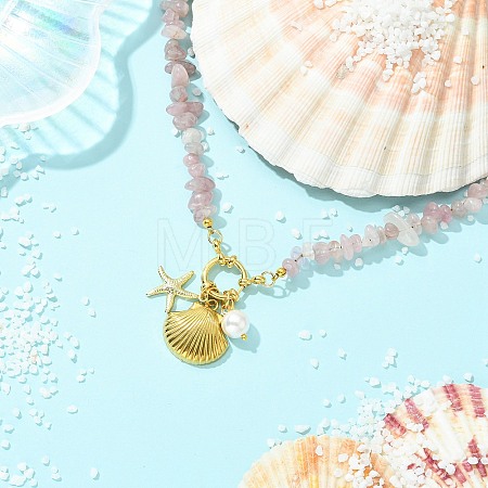 Ocean 304 Stainless Steel Shell Shape Starfish & Shell Pearl Pendant Necklaces NJEW-JN06023-1
