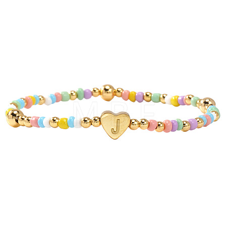 Summer Stainless Steel Heart Alphabet Colorful Glass Seed Beaded Stretch Bracelets for Women JV8929-36-1