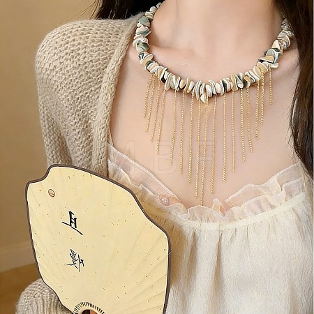 Natural Shell Chip Beaded Alloy Chain Tassel Bib Necklaces for Women WG291D5-01-1