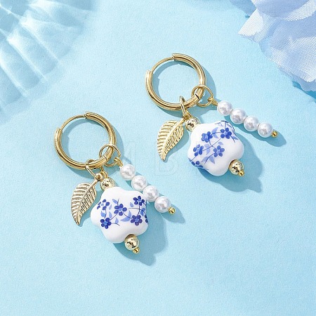 Brass Flower with Leaf Hoop Earrings EJEW-JE06745-1