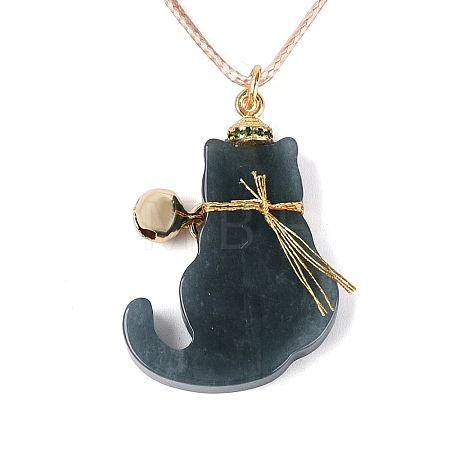 Natural Myanmar Jade Cat Pendant Adjustable Cord Necklaces NJEW-N064-01-1