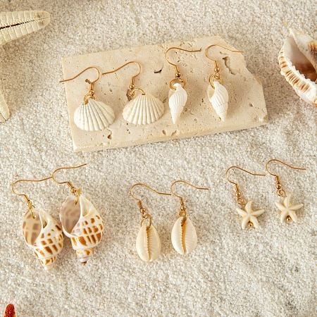 Shell Shape & Starfish Alloy Natural Shell Dangle Earrings FS-WGAC3B8-02-1