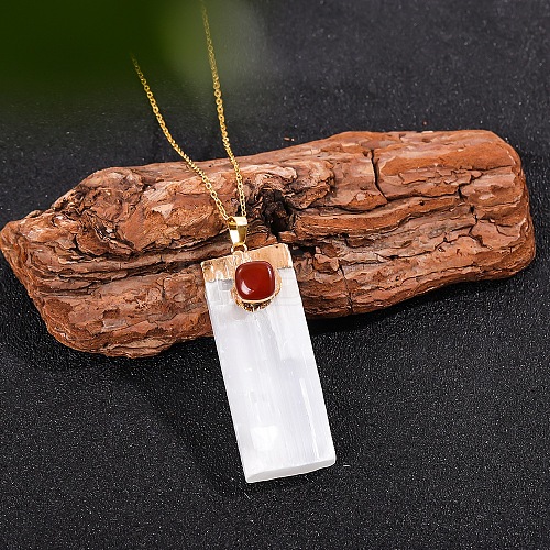 Natural Carnelian & Selenite Rectangle Pendant Necklaces PW-WGF8248-03-1