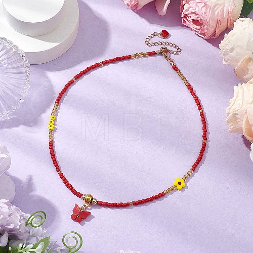 Glass Seed Beads & Flower Handmade Lampwork Beaded Necklaces NJEW-MZ00065-03-1