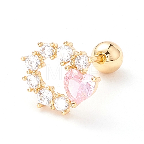 Ring with Heart Pink Cubic Zirconia Stud Earrings for Women EJEW-A065-10G-1