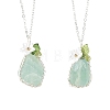 Raw Natural Green Fluorite Nuggets with Flower Wire Wrapped Pendant 304 Stainless Steel Cable Chain Necklaces NJEW-TA00268-4