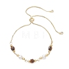 Natural Tiger Eye Cube & Shell Pearl Round Beads Link Bracelets BJEW-JB12907-01-1