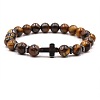 8MM Round Natural Tiger Eye Beaded Stretch Bracelets with Synthetic Non-magnetic Hematite Cross FA1012-2-1