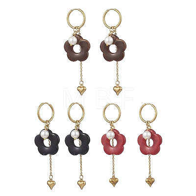 304 Stainless Steel Flower with Heart Tassel Hoop Earrings EJEW-JE06730-1