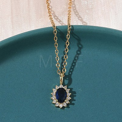 Brass Pave Clear and Blue Cubic Zirconia Oval Pendant 304 Stainless Steel Chain Necklaces for Women NJEW-D341-09G-1