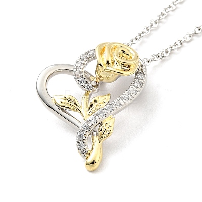 Clear Cubic Zirconia Heart with Rose Pendant Necklace NJEW-F293-01A-G-1