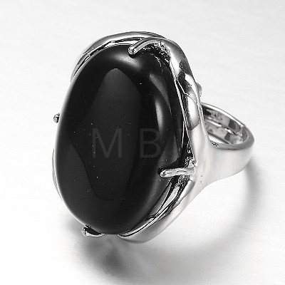 Adjustable Oval Brass Natural Black Agate Wide Band Rings RJEW-L062-03O-1