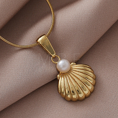 316 Surgical Stainless Steel with Imitation Pearl Shell Shape Pendant Necklaces for Women MG3658-1