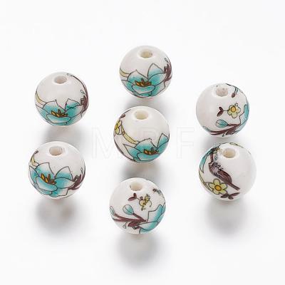 Floral Printed Porcelain Beads X-PORC-Q199-12mm-17-1