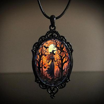 Oval Gothic Alloy Glass Halloween Pendant Necklaces for Women FS-WG73C21-03-1