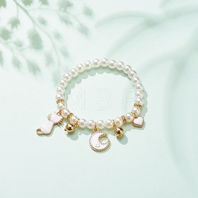 ABS Plastic Imitation Pearl Beaded Stretch Bracelet with Alloy Enamel Charms for Kids BJEW-JB08524-02-1