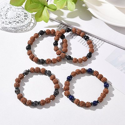 4Pcs Natural Rudraksha and Gemstone Beads Stretch Bracelets Set for Women Men BJEW-JB08939-1