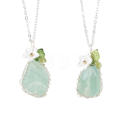 Raw Natural Green Fluorite Nuggets with Flower Wire Wrapped Pendant 304 Stainless Steel Cable Chain Necklaces NJEW-TA00268-1