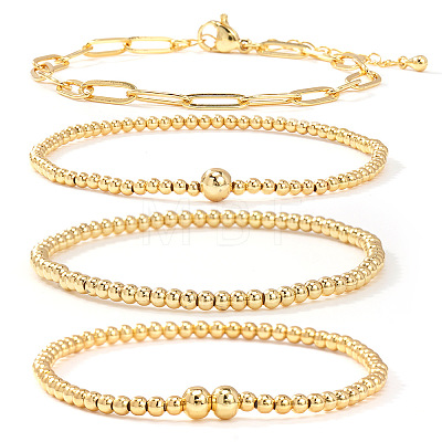4Pcs Minimalist Brass Beads Stretch Bracelets & 304 Stainless Steel Paperclip Chain Bracelets Set for Women XV4057-1-1
