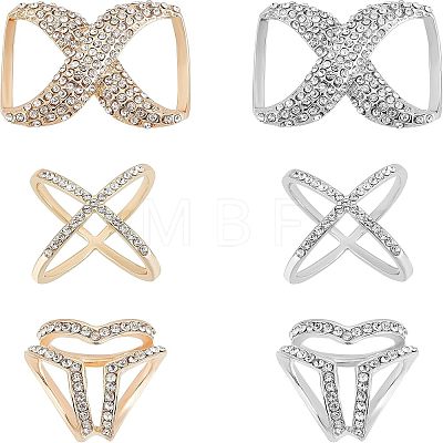 6Pcs 6 Style Crystal Infinity-shaped & X-shape & Three Ring Shape Rhinestone Scarf Buckle Rings JEWB-CA0001-03-1