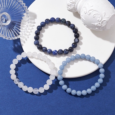 3Pcs 3 Styles Natural Mixed Gemstone Round Beaded Stretch Bracelets Set BJEW-JB10139-03-1