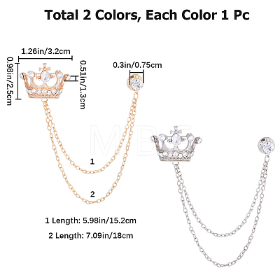 Gorgecraft 2Pcs 2 Colors Crystal Rhinestone Crown Hanging Chain Brooches JEWB-GF0001-35-1