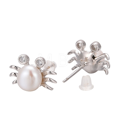 Crab Platinum Tone Rhodium Plated 925 Sterling Silver Cubic Zirconia Ball Ear Studs EJEW-E174-04P-1