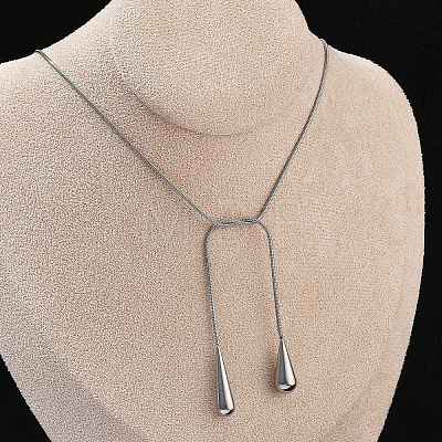 304 Stainless Steel Snake Chain Lariat Necklaces with Teardrop Ends NJEW-D300-02P-1