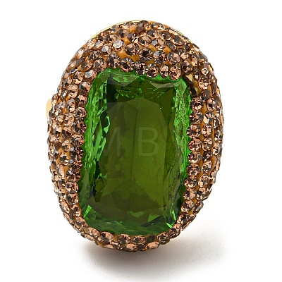 Olive Glass Rectangle Adjustable Ring with Rhinestone RJEW-D005-09G-1