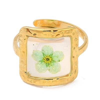Pale Green Square Epoxy Resin with Dry Flower Adjustable Rings RJEW-G304-03G-02-1