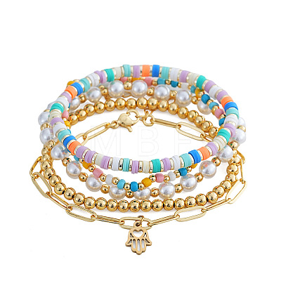5Pcs 304 Stainless Steel & Handmade Heishi Polymer Clay/Glass Seed Bead/Plastic Bead Stretch Bracelet Sets AF7427-1-1