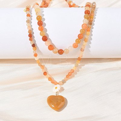 Natural Golden Silk Jade Heart and Flower Pendant Round Beaded Double Layer Necklaces with Brass OT Clasps NJEW-G202-01G-1