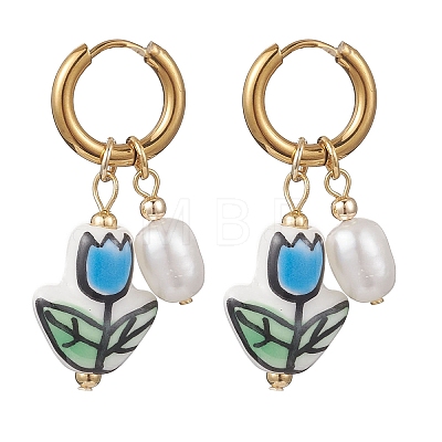 Valentine's Day Handmade Porcelain & Natural Cultured Freshwater Pearl Dangle Earrings EJEW-JE06960-1