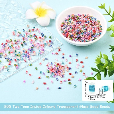 80G 8 Colors Two Tone Inside Colours Transparent Glass Seed Beads SEED-YW0003-18-1