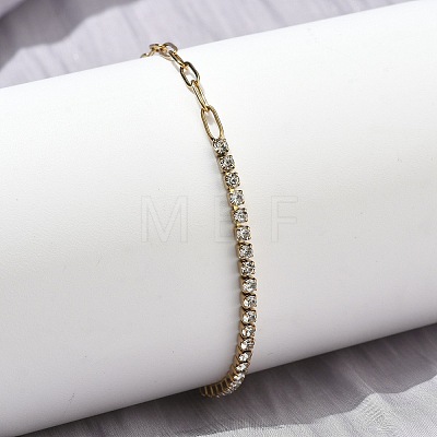 304 Stainless Steel Paperclip Chain & Rhinestone Cup Chains Bracelets for Women BJEW-D456-06G-01-1